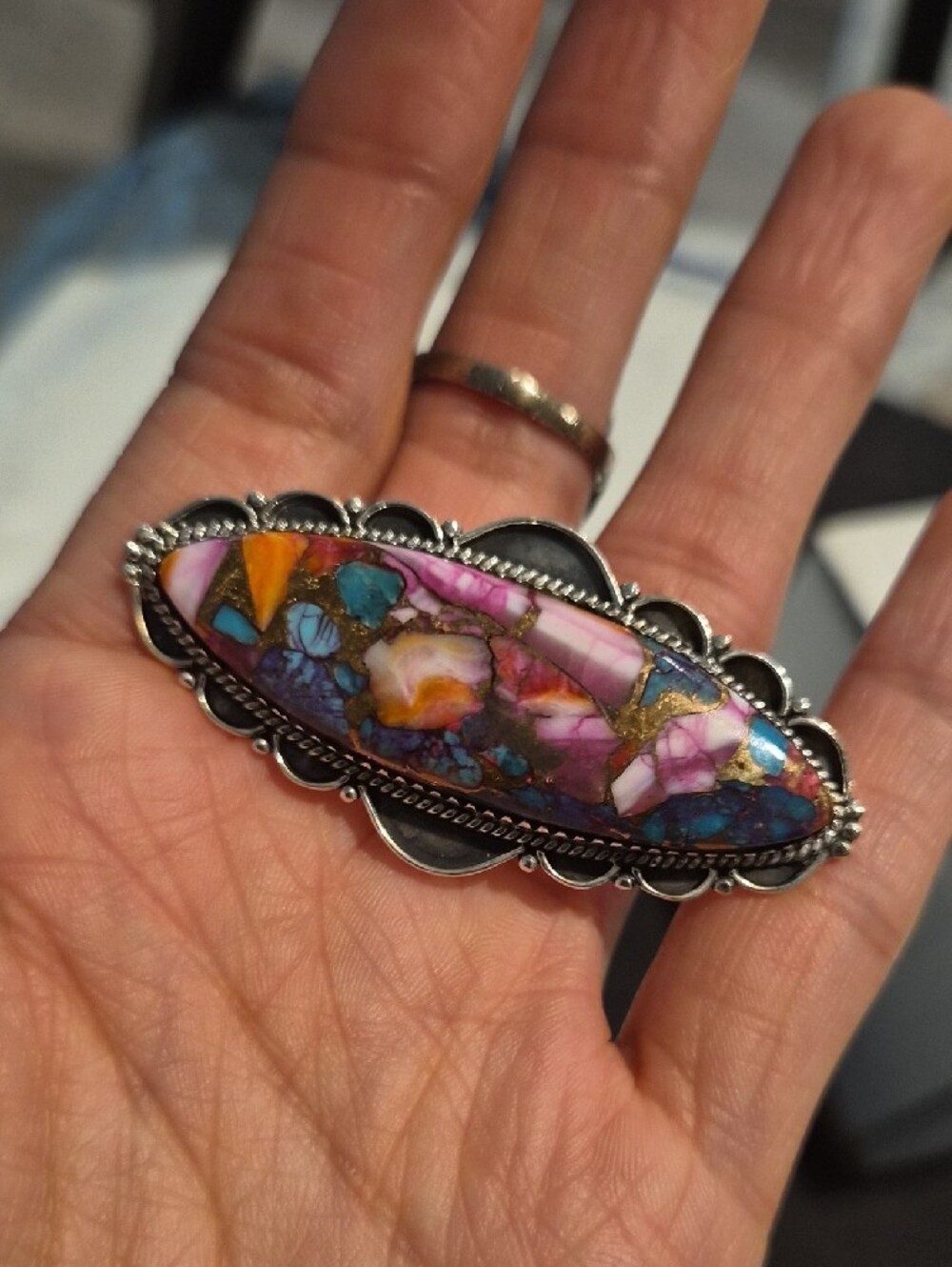 925 Rainbow Spiny Turquoise Ring Sterling Silver SZ 6
